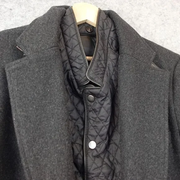 Wool Coat Mens Medium Black Detachable Liner Trim Quilt Buckle‎ OF ALL THREADS